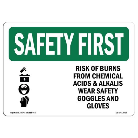 SIGNMISSION OSHA, 10" Height, 14" Width, Decal, 14" W, 10" H, Landscape, Risk Of Burns From Chemical OS-SF-D-1014-L-10726